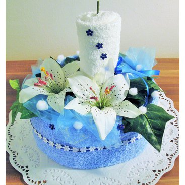 Domácnost - Textilní dort svícen (modro bílý) 2x ručník