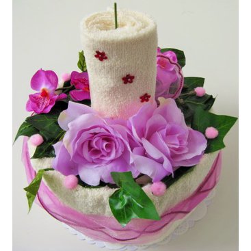 Domácnost - Textilní dort svícen (smetanovo fialkový) 2x ručník