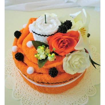 Domácnost - Textilní dort (oranžový svícen) 1 osuška 1 ručník