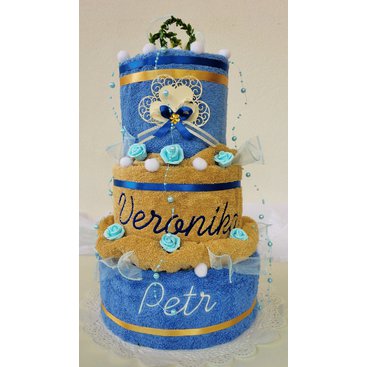 Domácnost - Textilní dort s vyšitými jmény novomanželů (modro/béžový)
