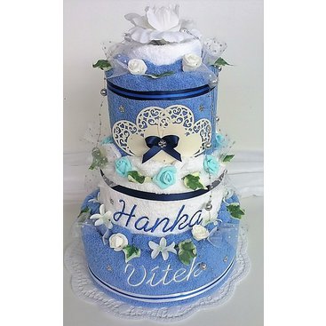 Domácnost - Textilní dort třípatrový - modro/ bílý s vyšitými jmény novomanželů