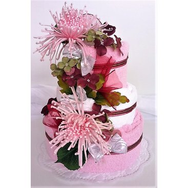 Domácnost - Textilní dort třípatrový - ružové chryzantémy