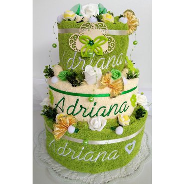 Domácnost - Textilní dort s vyšitými jmény novomanželů (žlutozelený/smetanový)