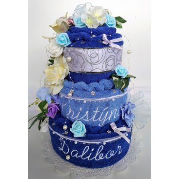 Domácnost - Textilní dort třípatrový - modrý s vyšitými jmény novomanželů