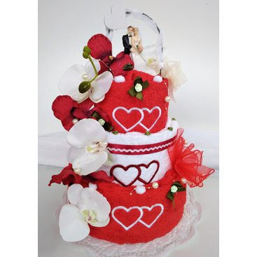 Domácnost - Textilní svatební dort třípatrový vyšitá srdíčka 1ks osuška 2ks ručník