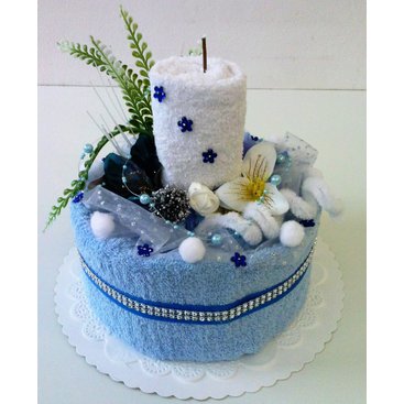 Domácnost - Textilní dort svícen modro/ bílý 2x ručník