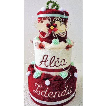 Domácnost - Veratex Textilní dort třípatrový - vínovo/ bílý s vyšitými jmény novomanželů