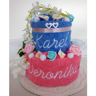 Domácnost - Veratex Textilní dort s vyšitými jmény novomanželů výběr ze 22 barev osušek