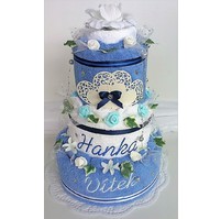 Textilní dort třípatrový - modro/ bílý s vyšitými jmény novomanželů