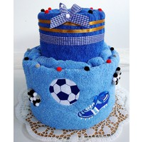 Fotbalový textilní dort dvoupatrový vyšitá kopačka s míčem (možnost vyšít jméno / přezdívku doplatek 75kč)